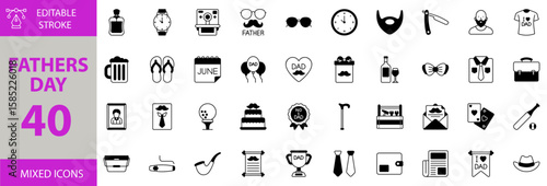 Fathers Day icon set. Editable vector of father's day, dad, icon, set, celebration, gift, love, family, holiday, male, parent, daddy, happy, greeting, present, special, event, appreciation, son icons.