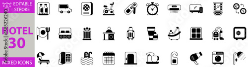 Hotel icon set. Editable vector of hotel, travel, room, lodging, bed, reservation, building, checkin, accommodation, reception, tourism, service, icon, set, vacation, stay, hospitality, booking icons.