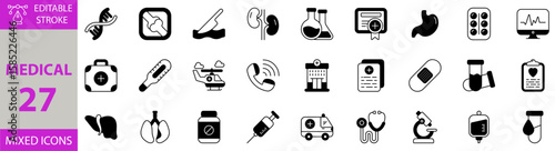 Medical icon set. Editable vector of medical, health, doctor, hospital, care, clinic, medicine, nurse, pharmacy, firstaid, treatment, surgery, stethoscope, injection, capsule, bandage, cross icons.