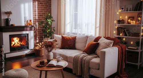 Cozy living room with a lit fireplace, comfortable sofa with warm throws, and autumn decor, creating a inviting ambiance.