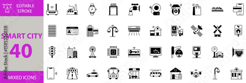 Smart city icon set. Editable vector of smart city, fire alarm, metal detector, wrishwatch, wifi router, industry, pharmacy, street lamp, smart drone, home control, electric bus, stop, car, cctv icons