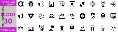 Success icon set. Editable vector of graduation, winner, target, champagne, bookmark, hate, growth, thumb up, gift, smile, creative, goal, ladder, victory, diploma, success, rating, firework icons.