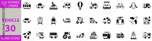 Vehicle icon set. Editable vector of boat, train, railway, ambulance, bike, tuk tuk, crane truck, hot air balloon, caravan, taxi, rocket, tank truck, cargo ship, truck, tram, cruise, tractor, bus icon