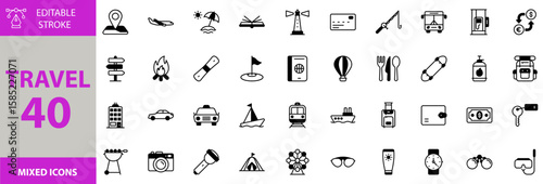Travel icon set. Editable vector of barbecue, scuba diving, binocular, watch, suntan, sunglasses, amusement, camping, flashlight, camera, hotel, money, car, train, passport, bus and more icons.