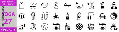 Yoga icon set. Editable vector of hot stones, candle, anahata, yoga ball, schedule, neck pillow, socks, zafu, yin yang, yoga mat, jump rope, sandbag, yoga, strap, incense, neti, bambo and more icons.