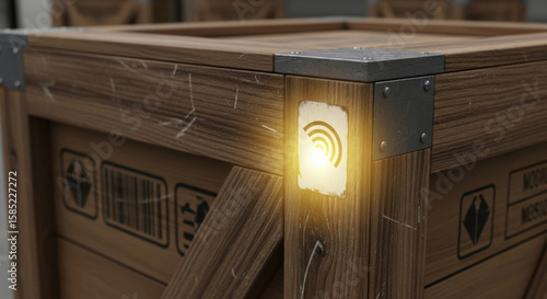 Wooden crate import traffic trade with glowing sensor technology