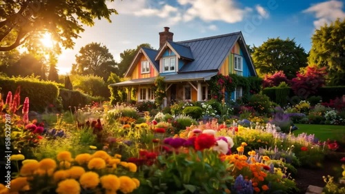 Colorful House With Lush Garden At Sunset