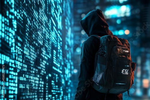 A hacker in dark with their hood up, carrying an old backpack and looking at the wall of digital numbers on which they are standing