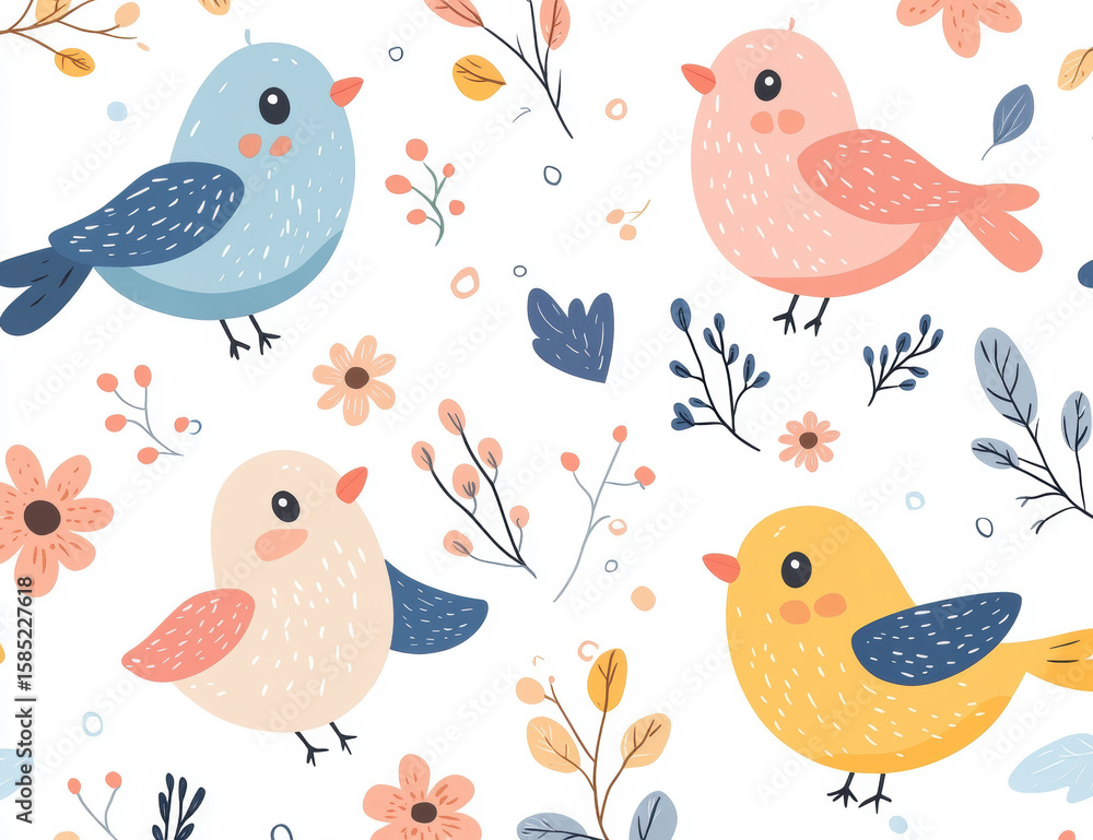 Fototapeta premium Colorful birds perching on delicate branches forming elegant, repeating pattern perfect for nature-themed designs