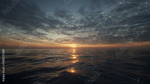 Connected Ocean Sunset: Futuristic Network Over Water at Dawn, Representing Global Communication and Technology Integration for Tomorrow