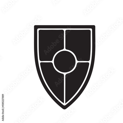 A black and white illustration of a shield with a circle in the center and four quadrants around it