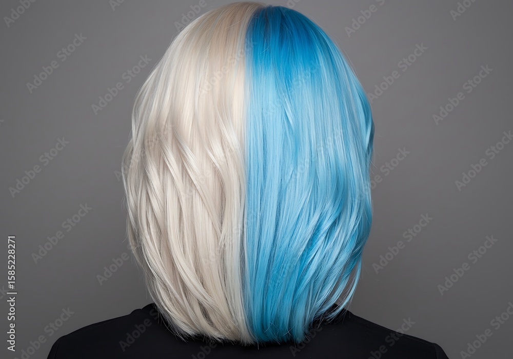 Naklejka premium Half Blonde and Half Blue Colored Hairstyle Rear View on Grey
