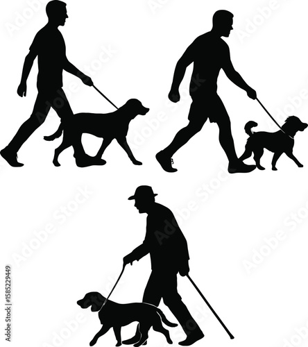 man walking dog silhouette, dog walker vector, human and pet silhouette, man with dog clipart, walking dog shadow art, dog leash silhouette, black silhouette man 