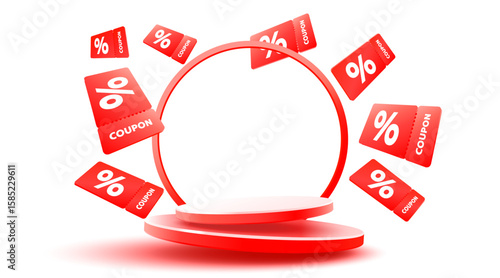 Red coupons with percentage fly near podium. Vector illustration
