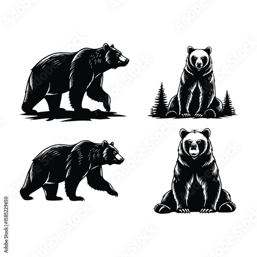Black bear vector icons in various poses, walking, sitting, and with pine trees