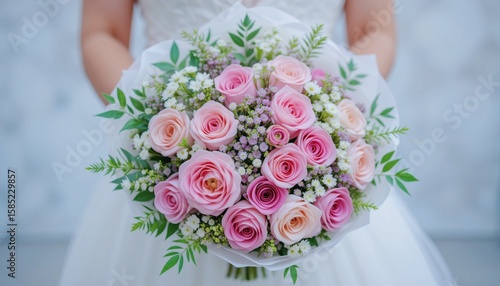 A bride holding a beautiful wedding bouquet featuring delicate pink roses and white accent flowers, wrapped elegantly.