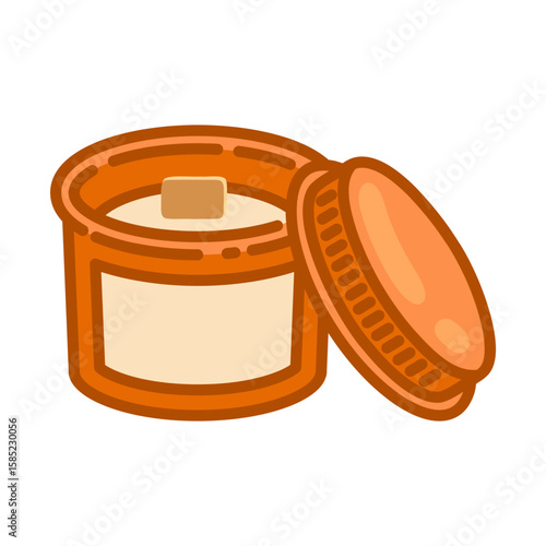 Scented Candle in Glass Jar. Cartoon flat style illustration of orange candle container with lid and wooden wick on white background.