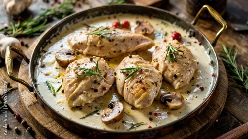 Chicken supreme sauce with herbs and mushrooms in rustic pan showing golden breast fillets in creamy white sauce with black pepper specks