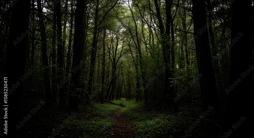 Fototapeta A dirt path winds through a dark dense forest with tall trees and lush green undergrowth