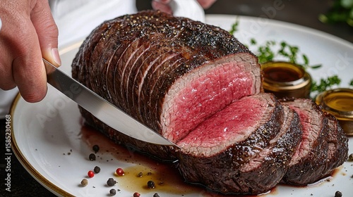 Steak temperature gradient beautifully illustrated in cross-section beef cuts revealing cooking stages from rare center to well-done edges with culinary knife presentation
