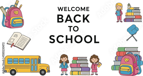 Cartoon back to school illustration with school bus, backpacks, and students