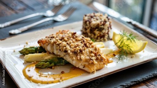 Hazelnut crusted fish fillet served on white rectangular plate with asparagus spears, lemon wedge and dill garnish on dark slate surface