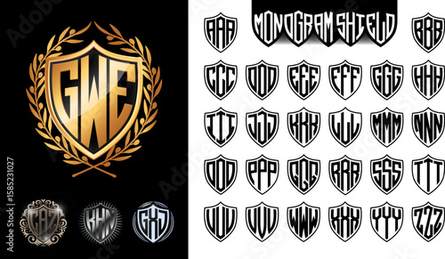Shield Font Monogram Logo with 3 alphabet letters vector illustrations.