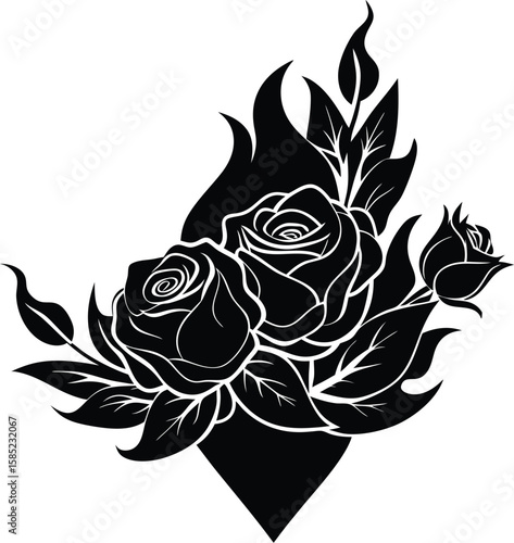 Dramatic Corner Silhouette With Roses And Flame Like Leaves