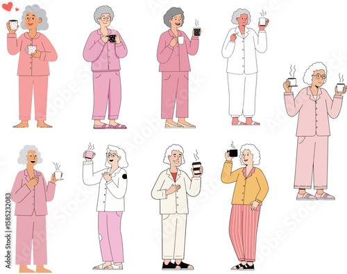 Elderly Women in Pajamas Enjoying Coffee