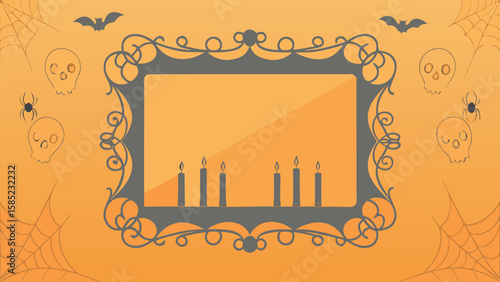 Halloween frame with candles, skulls, bats, and spiders on an orange background illustration