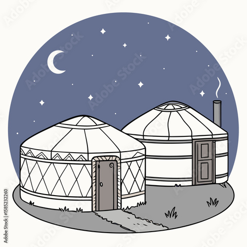 Illustration of two yurts under a starry night sky with a crescent moon and a smoking chimney scene