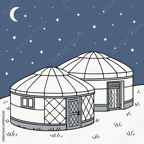 Two yurts under a starry night sky with a crescent moon in a simple cartoon illustration style scene