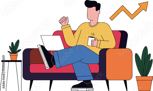 Man working from home with laptop and coffee