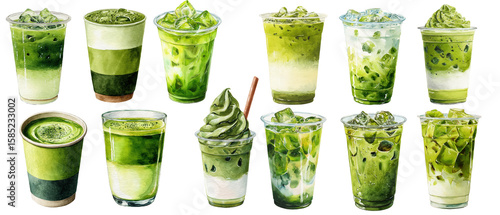 Matcha Latte Watercolor Set – Beverage Collection - Transparent Background