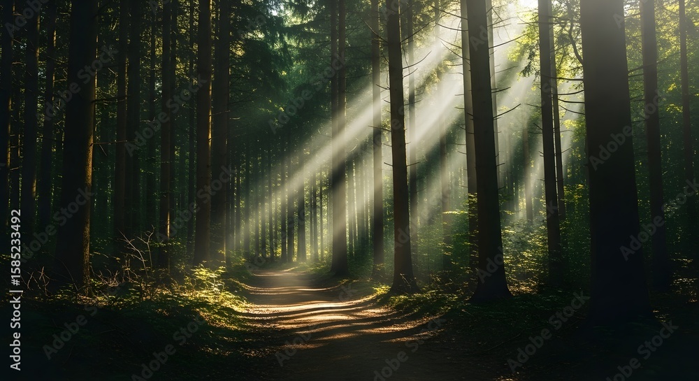 Naklejka premium Sunbeams pierce a dense forest illuminating a path
