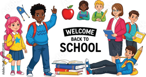 Vector art of a cheerful cartoon illustration welcomes students back to school, depicting diverse children, books, and pencils, fostering a positive and inclusive learning environment