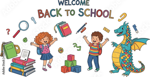 Vector art of a cheerful back to school illustration featuring children, books, and a friendly dragon isolated on white background