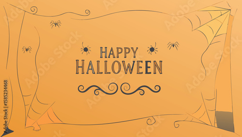 Happy halloween greeting card with spiders and web on an orange background for halloween celebration