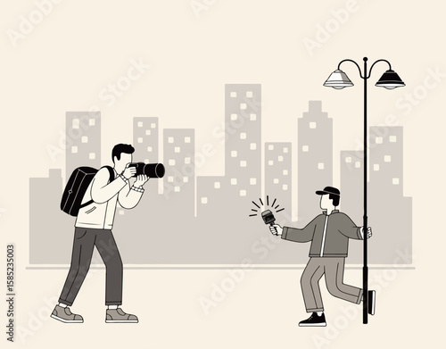 Photographer and Interviewer in Cityscape
