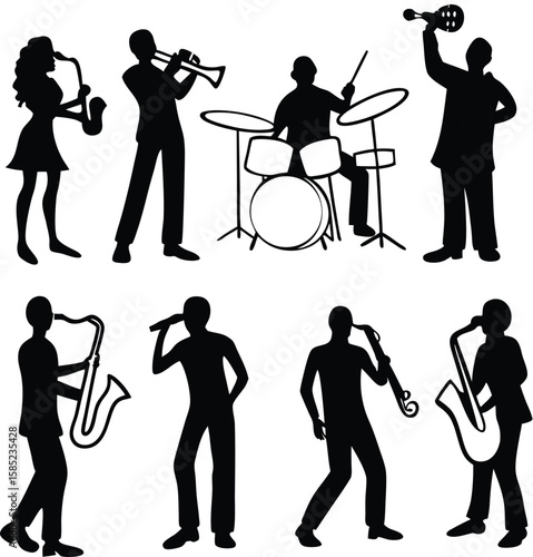 a close up of a person in silhouettes with a musical instrument, created in adobe illustrator, made in adobe illustrator, illustrator vector graphics, adobe illustrator art, made with illustrator...