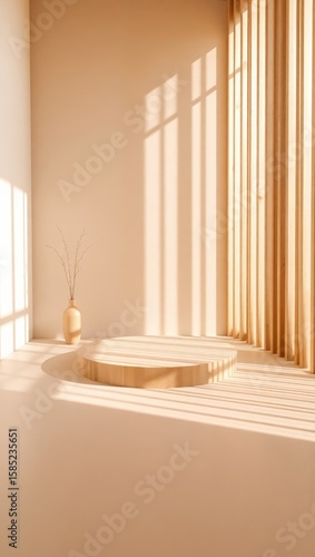 Serene Minimalist Room with Circular Wooden Platform