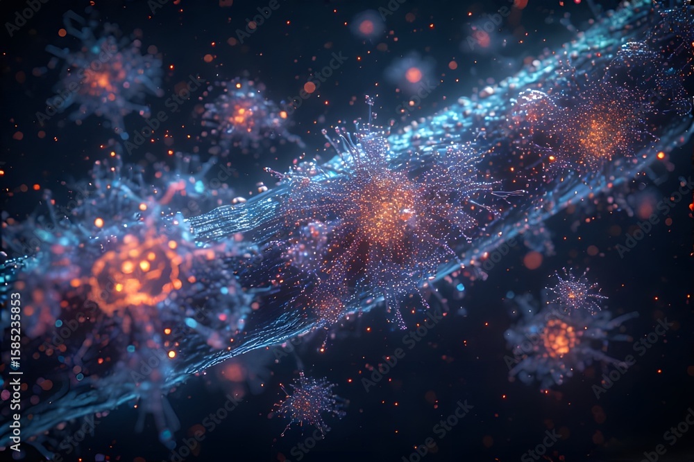 Fototapeta premium ia generated. Highly detailed dust mite on textured surface surrounded by glowing particles and fibers. Microscopic View of Dust Mite on Surface with Glowing Particles