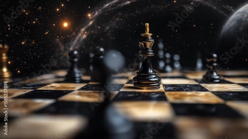 Cosmic chess game amidst starlight and planets