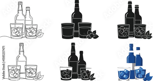 Five distinct vector art arrangements showcase bar bottles and liquor glasses filled with ice, ideal for drink menus.