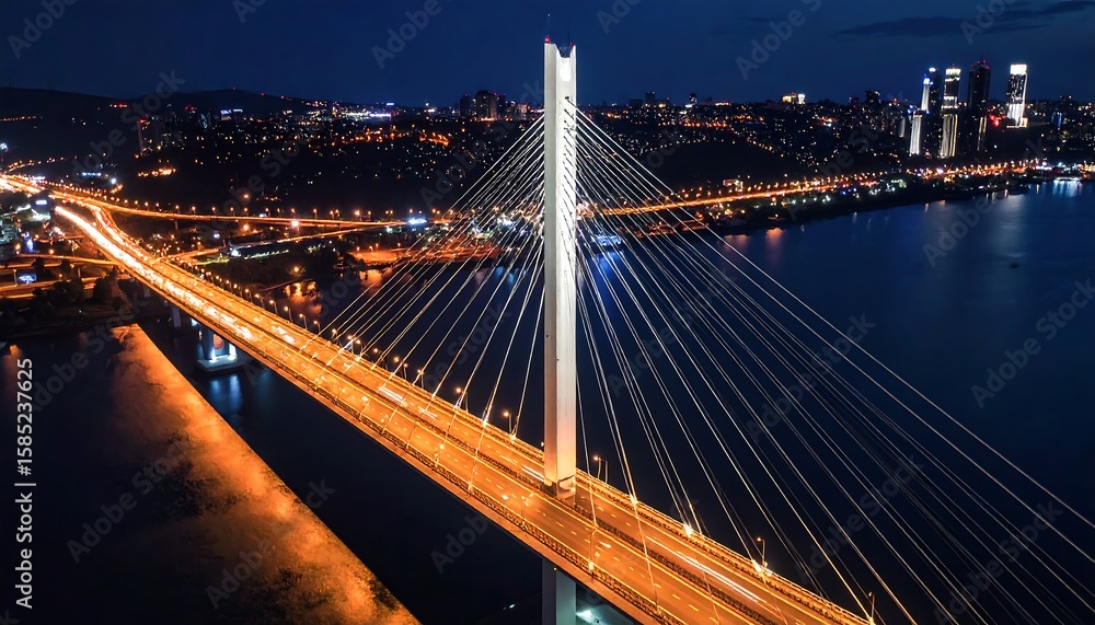 Naklejka premium Night cityscape with illuminated cable-stayed bridge