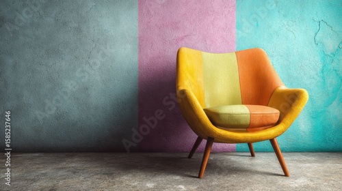 Colorful lounge chair set in front of a two-tone wall backdrop