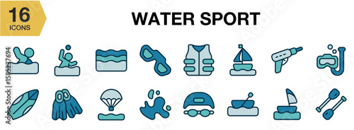 Water Sport flat icon set. Includes water, sport, surfing, swimming, diving, and More. Flat icons vector collection.