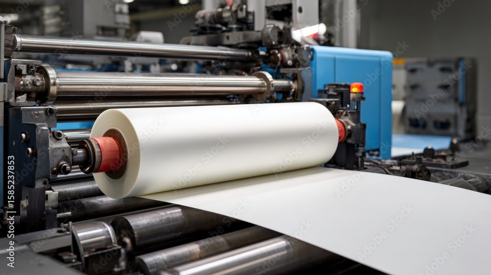 Fototapeta premium Detailed view of packaging film being rolled into a sealing machine