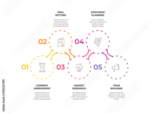 Vector infographic design template. Modern timeline concept with 5 steps, circles. Vector illustration used for diagram, workflow layout, banner, webdesign