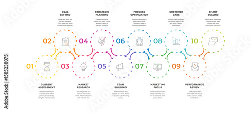 Vector infographic design template. Modern timeline concept with ten steps, circles. Vector illustration used for diagram, workflow layout, banner, webdesign